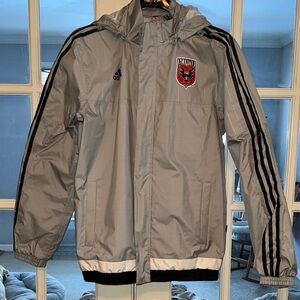 Adidas Silver Hooded Jacket with Black Stripes. Performance/Rain coat